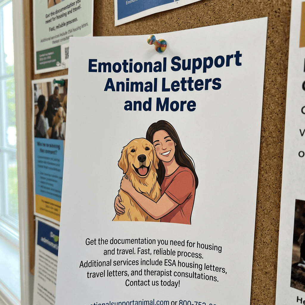 Flyer offering emotional support animal letters, ESA housing and travel letters, and therapist consultations
